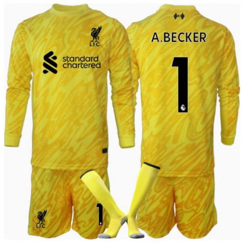 Fotballdrakt Barn Liverpool Alisson Becker #1 Keeper Tredjedraktsett 2024-25 Langermet (+ Korte bukser)